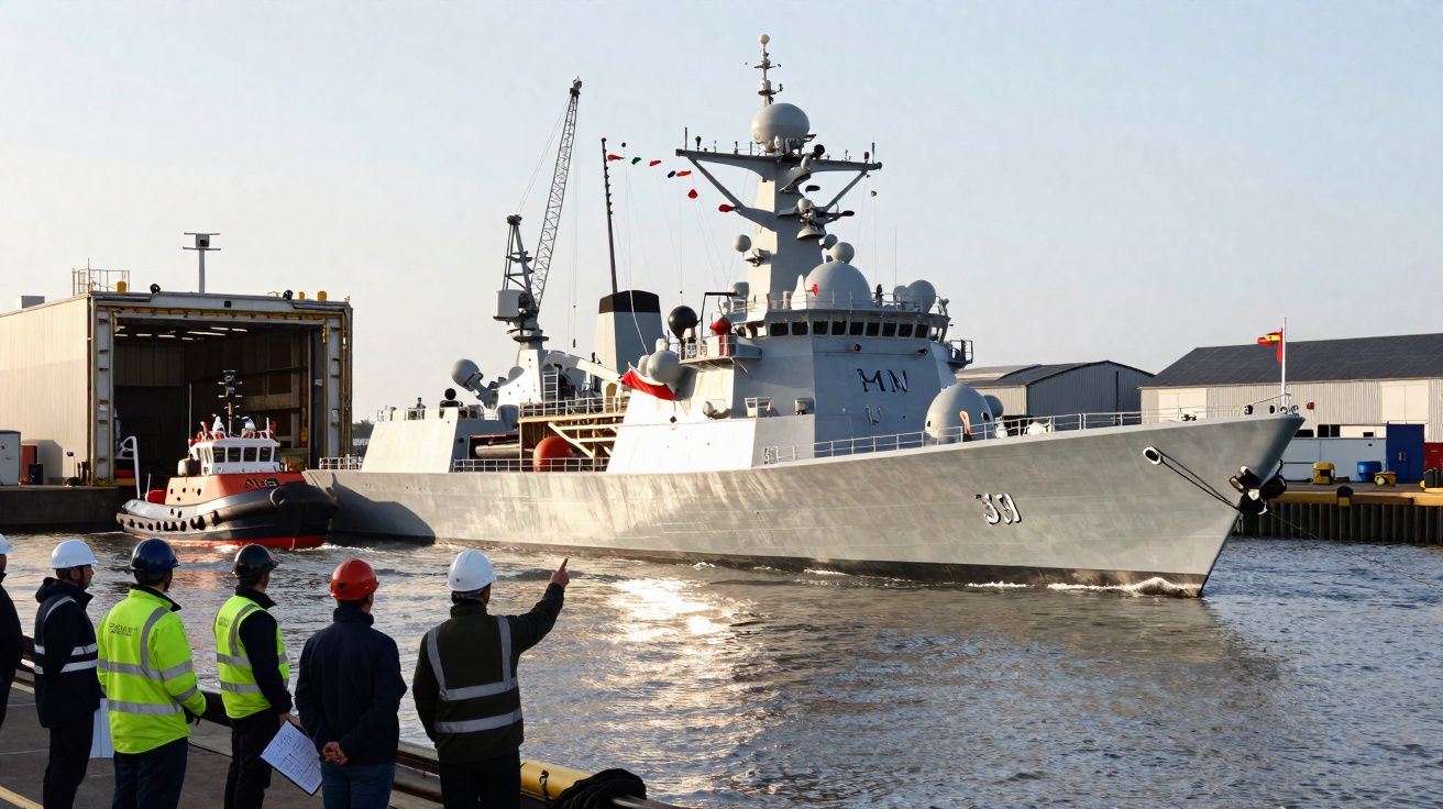Navire militaire gris quittant un port, avec des ouvriers en tenue de sécurité observant depuis le quai.
