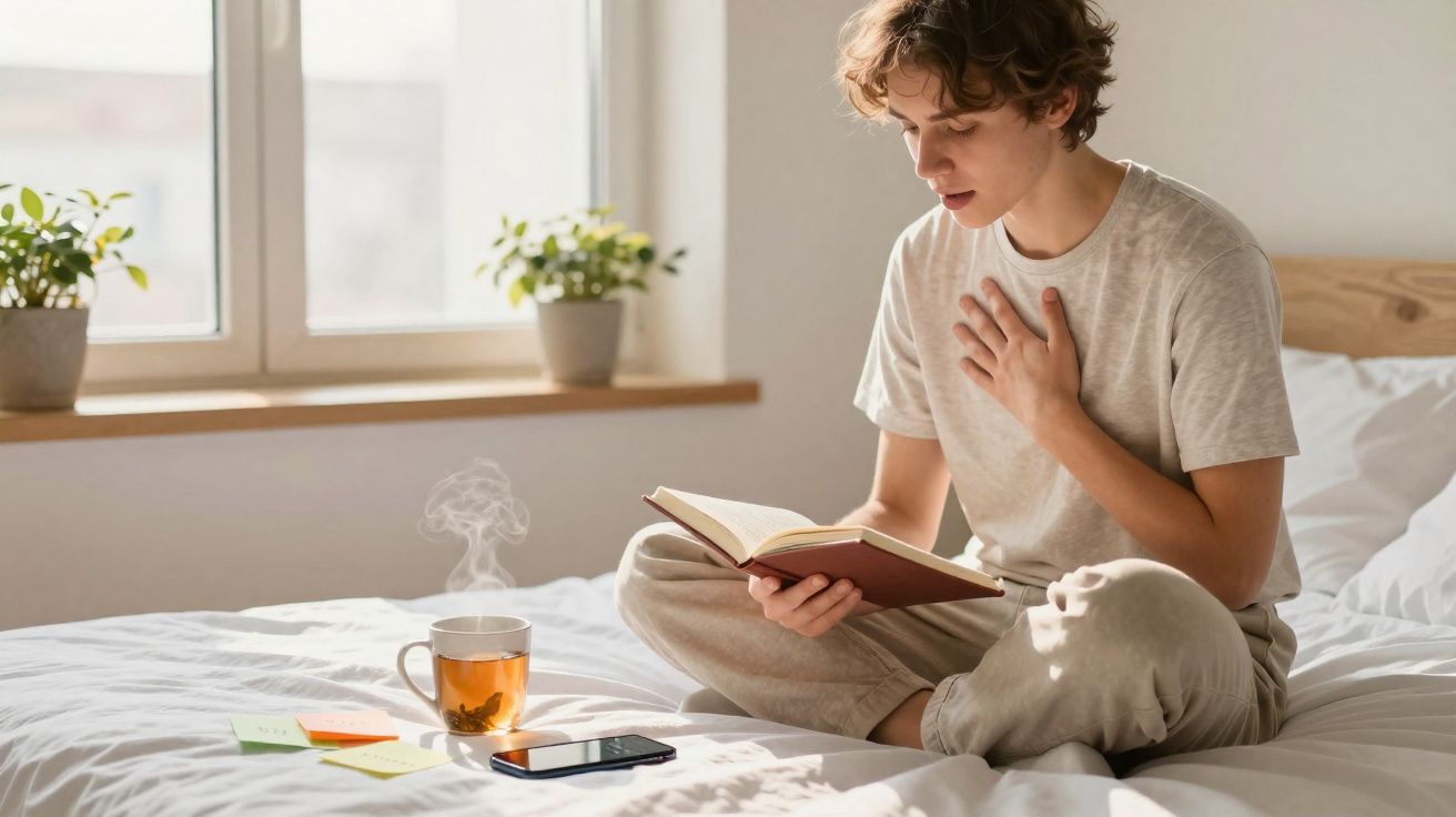 Personne assise sur un lit, lisant un livre avec une tasse de thé fumant et un téléphone à côté.