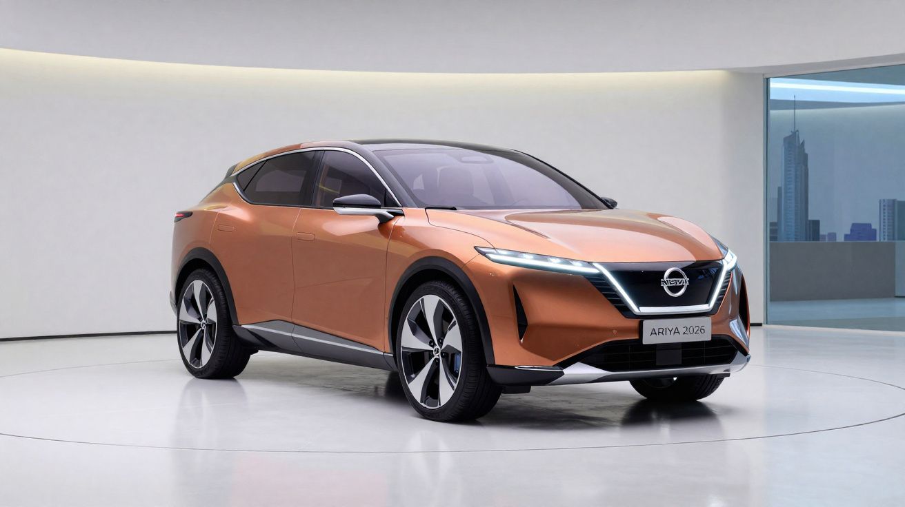 Voiture électrique Nissan Ariya orange 2026 dans un showroom moderne avec vue urbaine.
