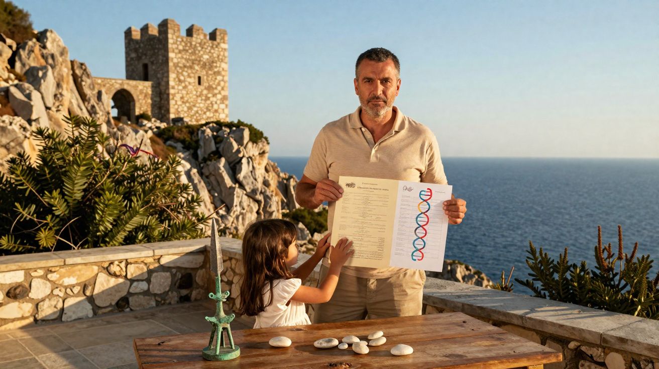 Homme tenant un document ADN avec une petite fille, devant une forteresse en pierre et vue sur la mer.