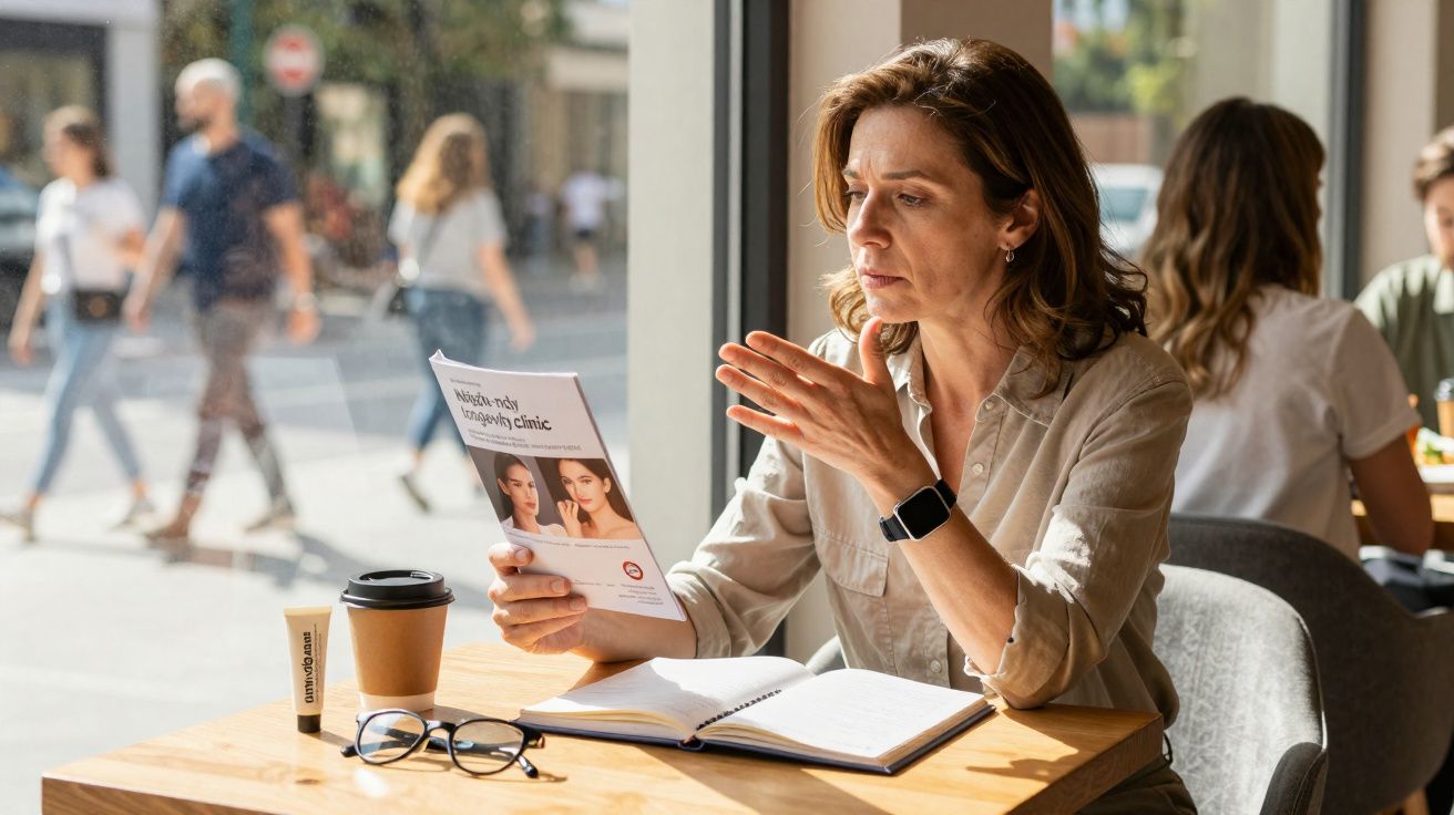 Femme assise près d'une fenêtre en café lisant une brochure, avec lunettes, carnet et café sur la table.