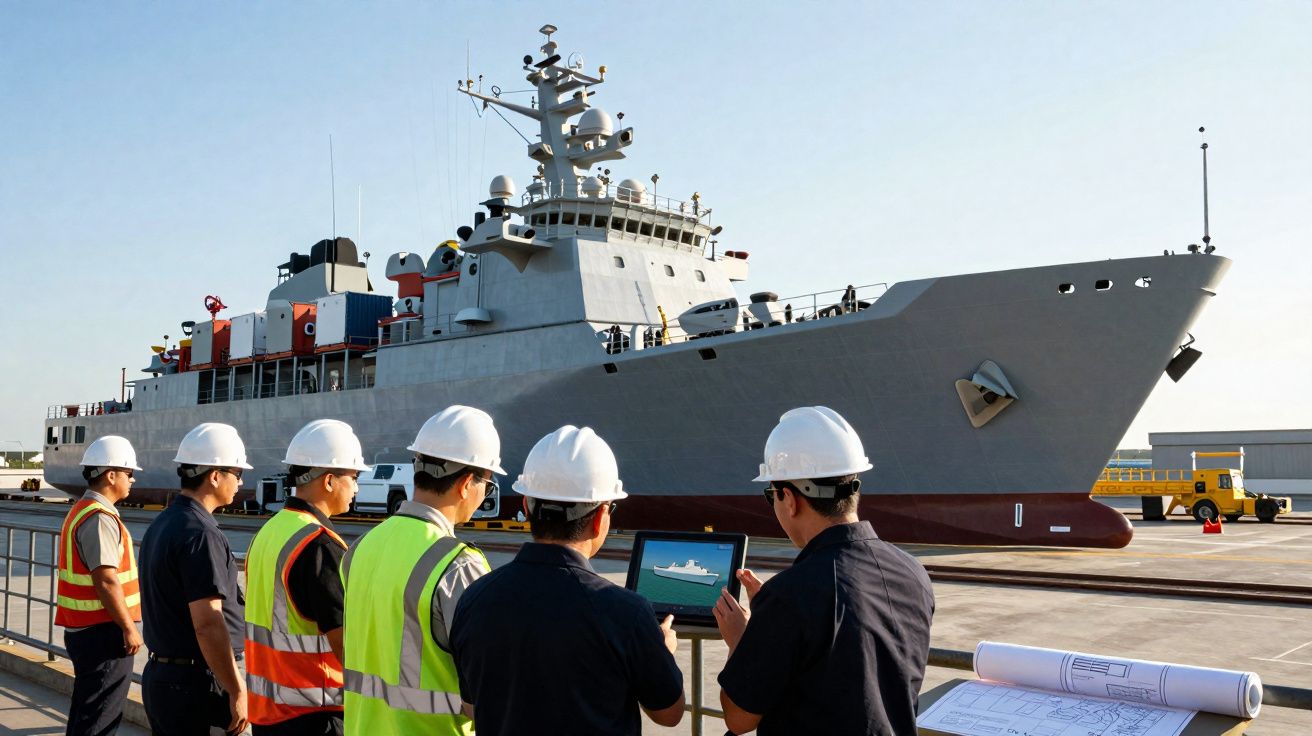 Cinq ingénieurs en casques blanc et gilets réfléchissants observant un navire militaire gris depuis un quai.