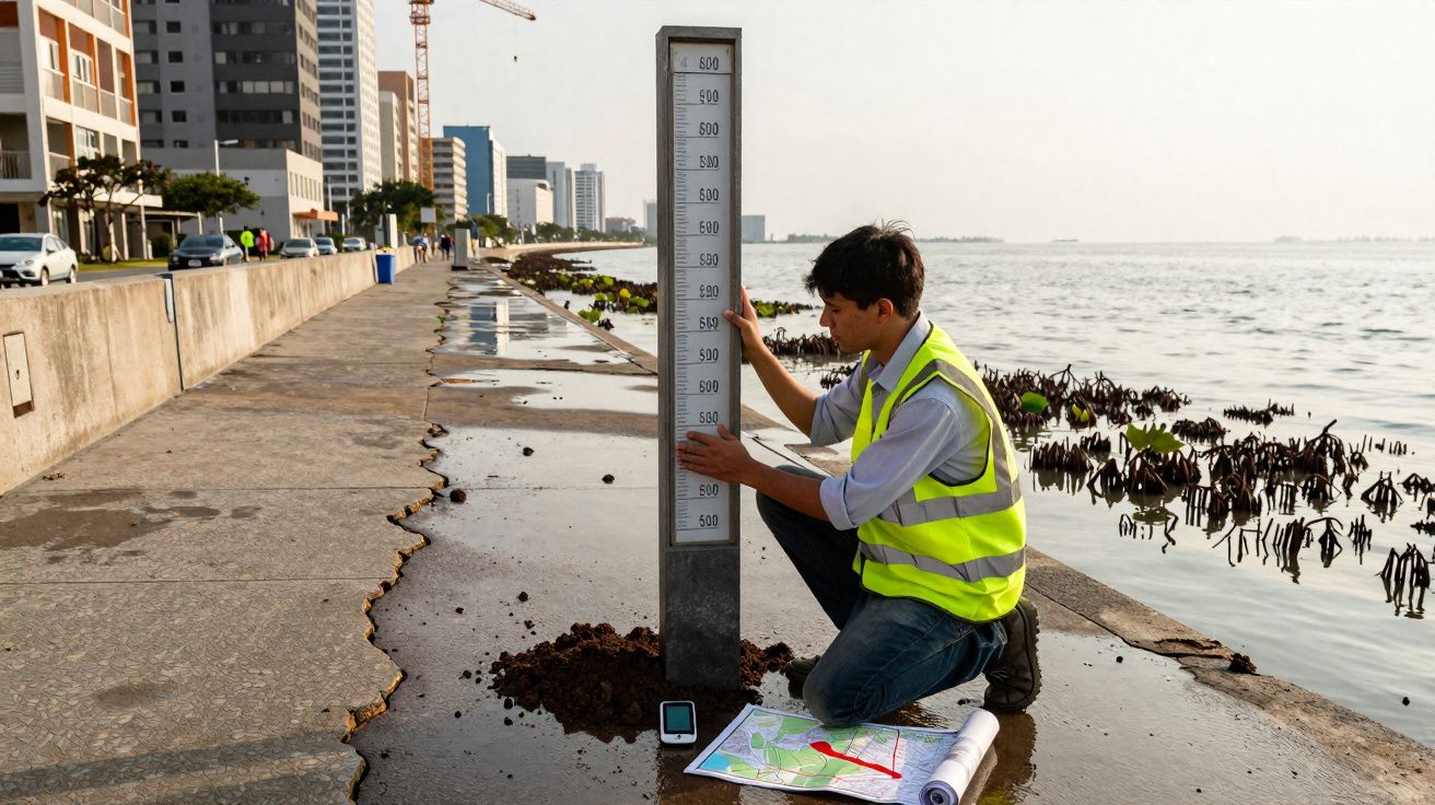 Un homme en gilet jaune mesure le niveau de l'eau près d'une digue urbaine avec des plans au sol.