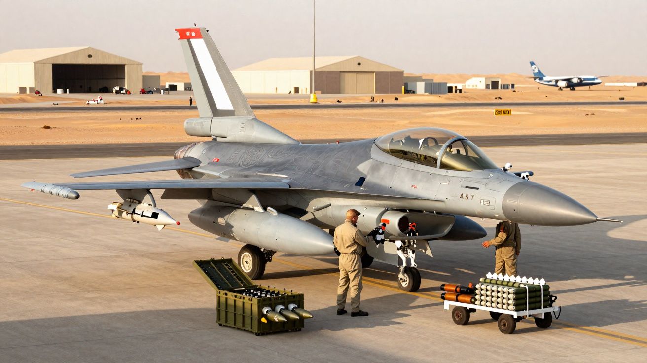 Avion de chasse au sol dans un désert, deux militaires chargent des munitions à côté du cockpit.