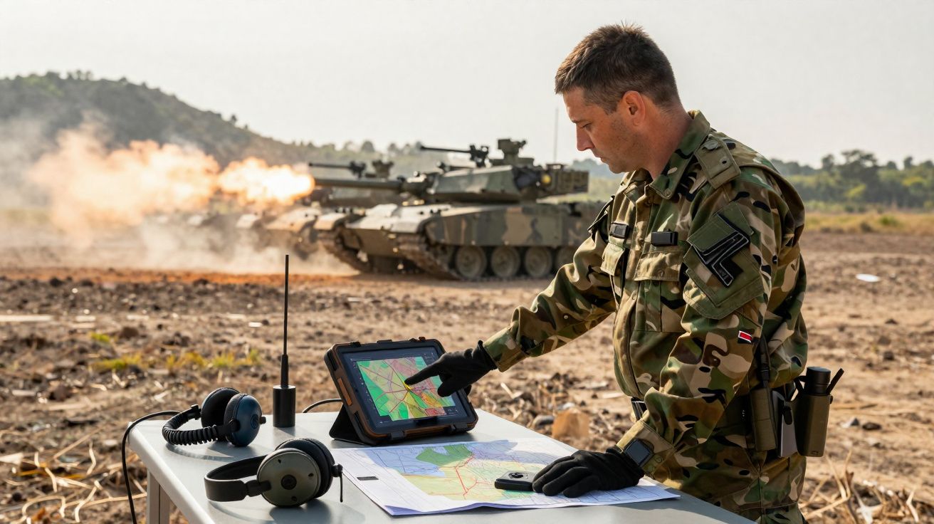 Soldat en tenue camouflage utilisant une tablette tactique avec des chars d’assaut tirant en arrière-plan.