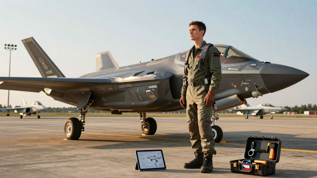 Pilote en uniforme debout près d’un avion de chasse sur une piste avec outils et plan sur tablette.