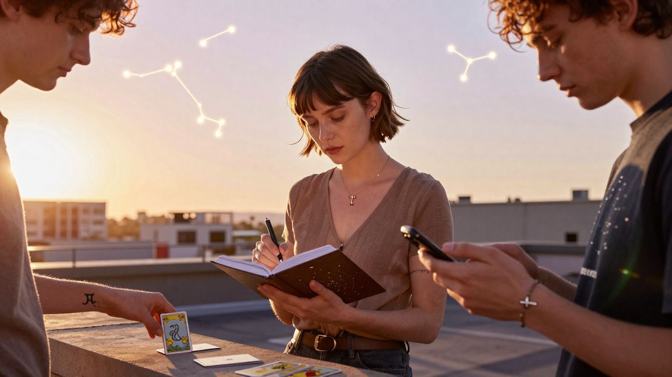 Trois jeunes sur un toit au coucher du soleil, consultant un carnet, des cartes et un téléphone portable.