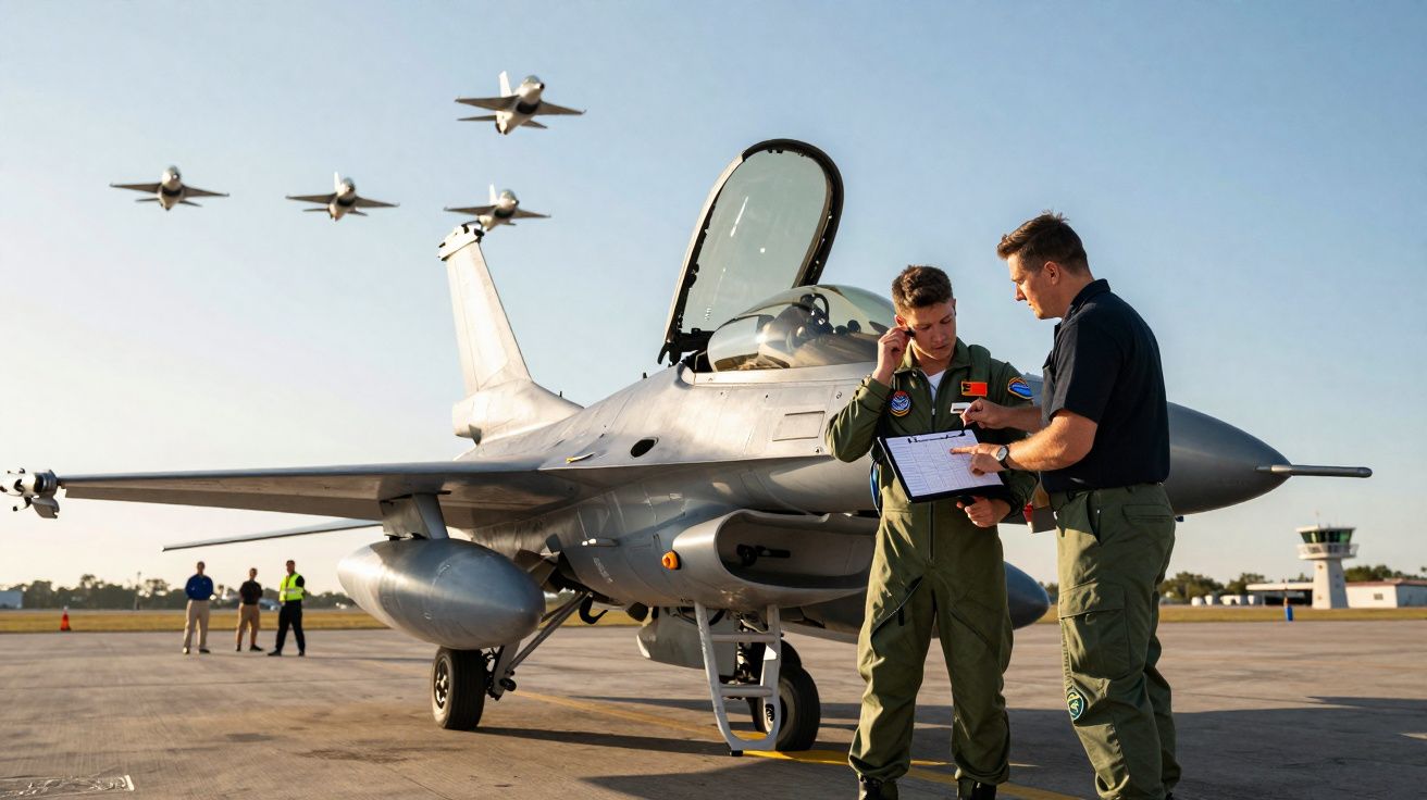 Deux pilotes militaires près d’un avion de chasse F-16 sur le tarmac, avec quatre avions en formation dans le ciel.