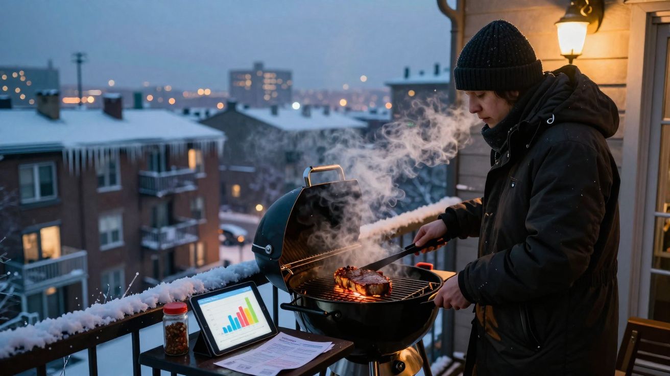 Personne en manteau et bonnet grillant de la viande sur un barbecue sur un balcon enneigé au crépuscule.