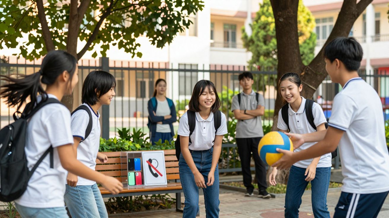 Groupe d'élèves en uniforme jouant au ballon dans une cour d'école avec deux adultes à l'arrière-plan.