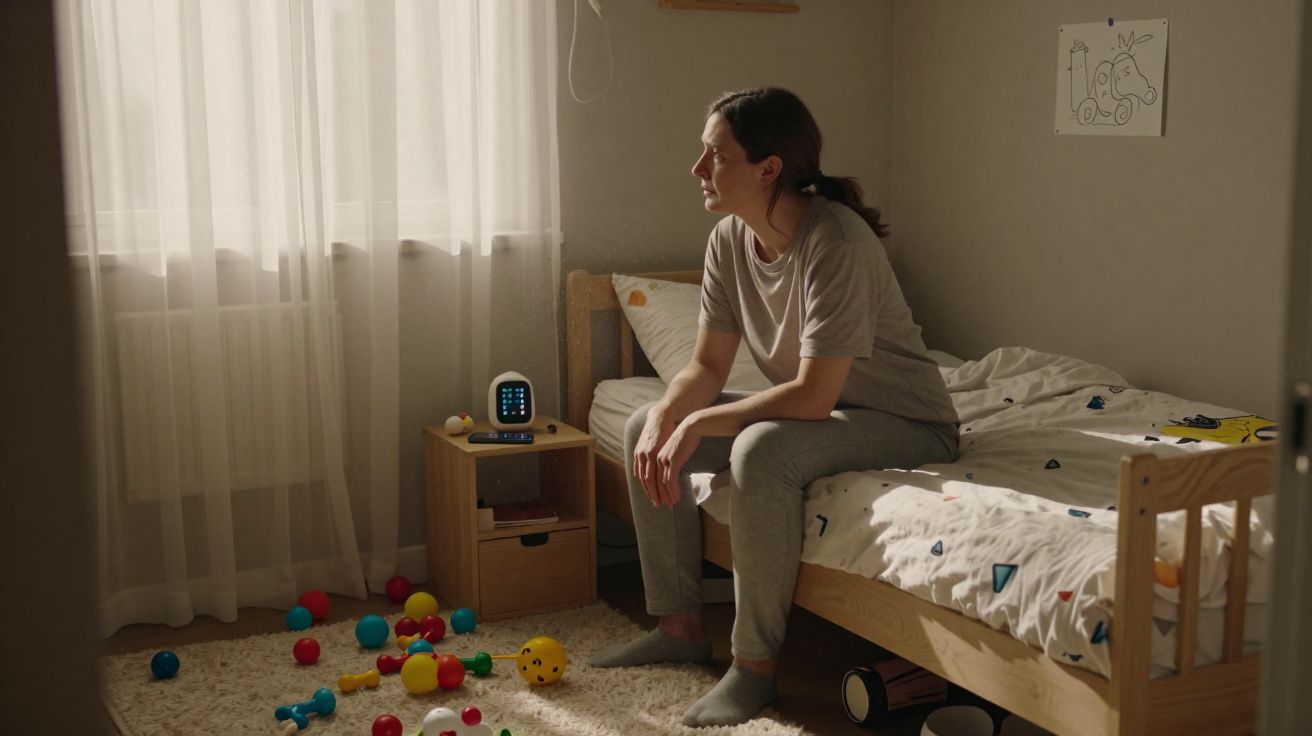 Femme assise sur un lit d'enfant dans une chambre lumineuse avec des jouets colorés au sol.