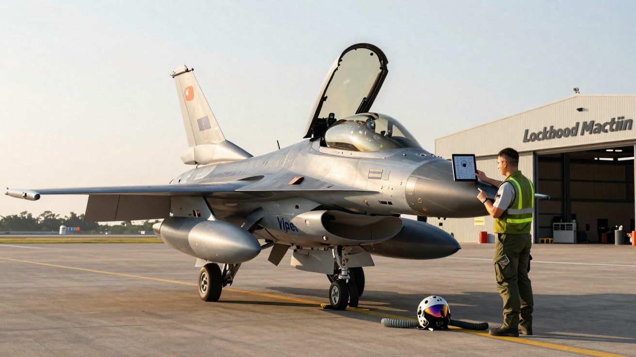 Avion de chasse F-16 au sol avec un technicien en gilet jaune vérifiant un appareil devant un hangar Lockheed Martin.