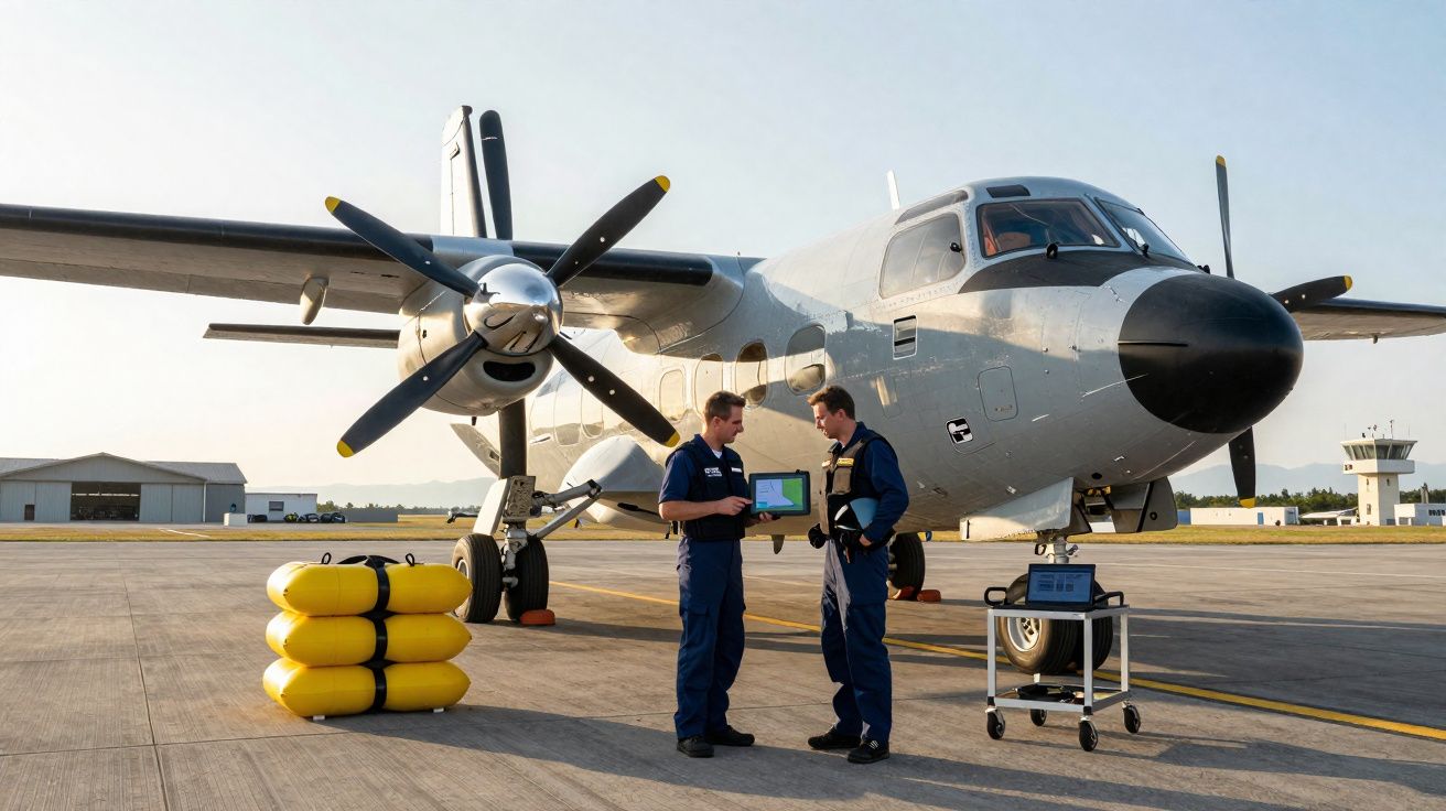 Deux techniciens en combinaison bleue discutent devant un avion militaire gris sur le tarmac.
