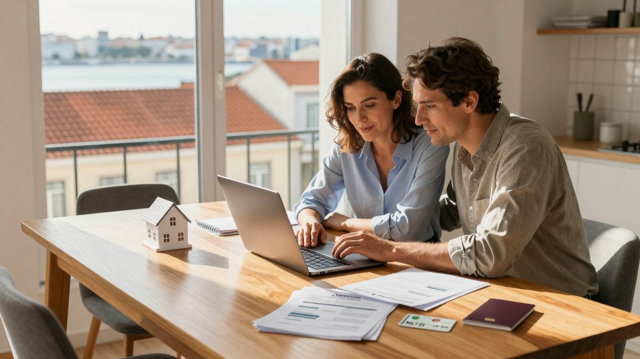 Un couple consulte un ordinateur portable à table avec des documents et une maquette de maison près d'une fenêtre lumineuse.