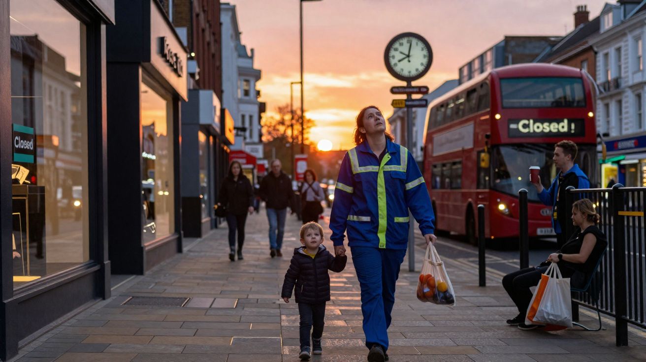 Une femme en tenue de travail tenant la main d'un enfant marchant dans une rue au coucher du soleil.