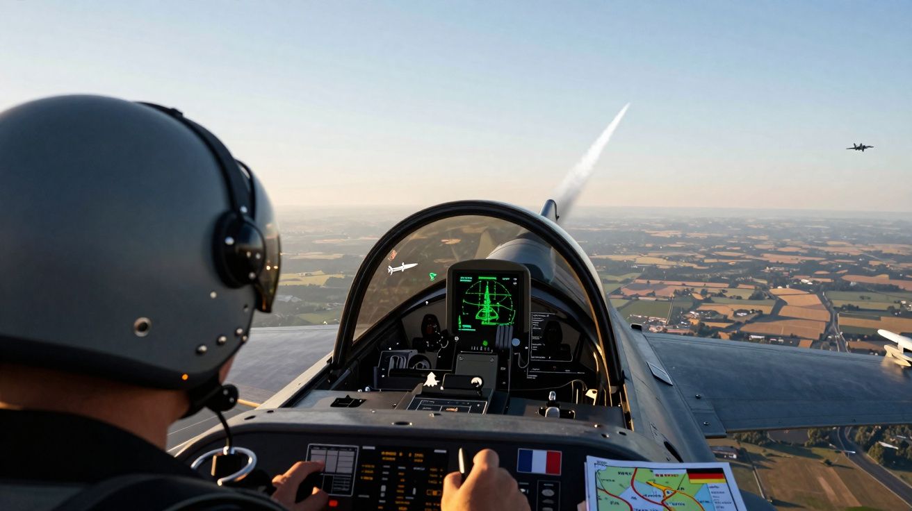 Vue du cockpit d’un avion de chasse avec pilote portant un casque, en plein vol au-dessus d’un paysage campagnard.