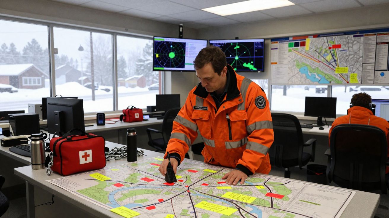 Un homme en veste orange réfléchit devant une grande carte dans une salle de contrôle moderne sous la neige.