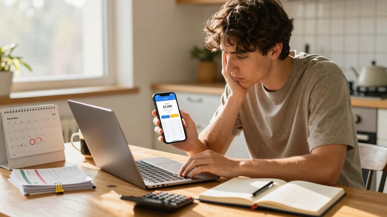 Jeune homme concentré utilisant une application bancaire sur smartphone avec un ordinateur portable et des notes sur une tabl