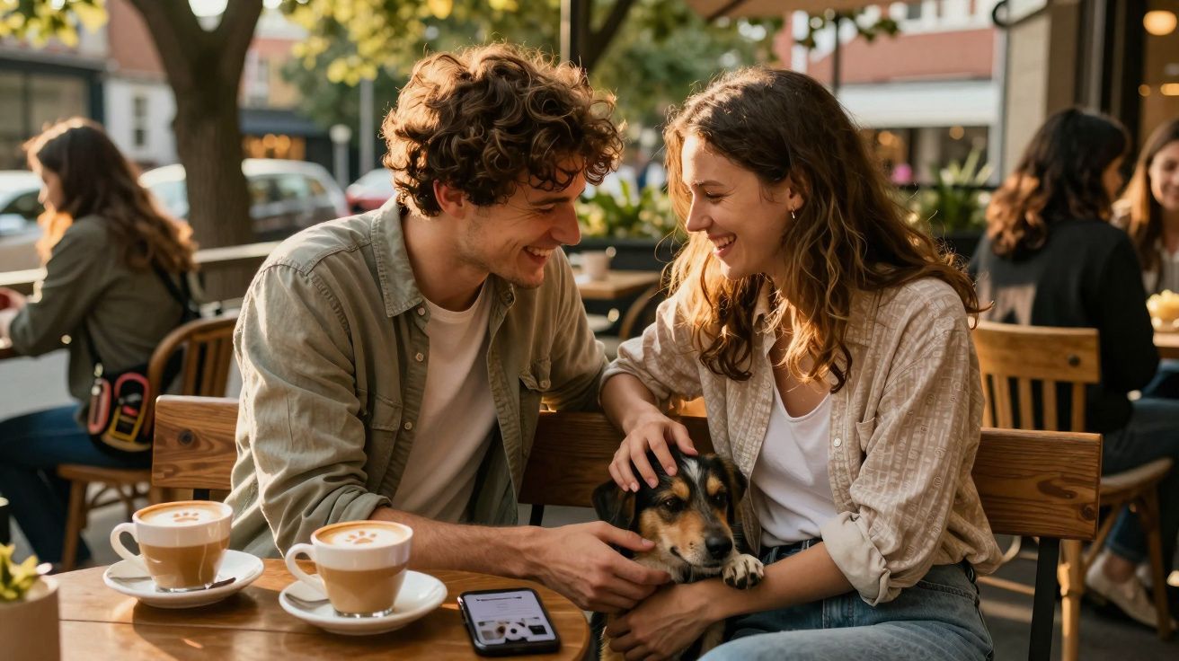 Jeune couple souriant caressant un chien à une terrasse de café avec deux cappuccinos sur la table.
