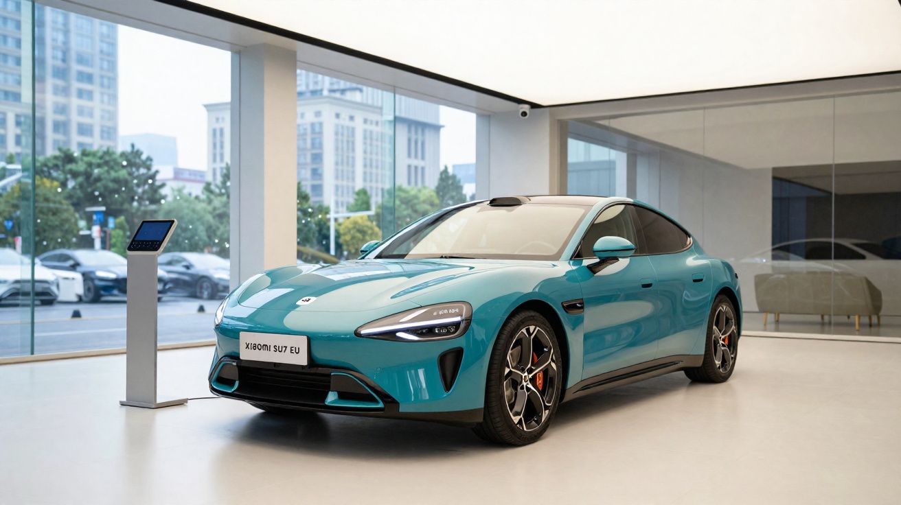 Voiture électrique bleu turquoise Xiaomi SU7 exposée dans un showroom lumineux avec grandes fenêtres.