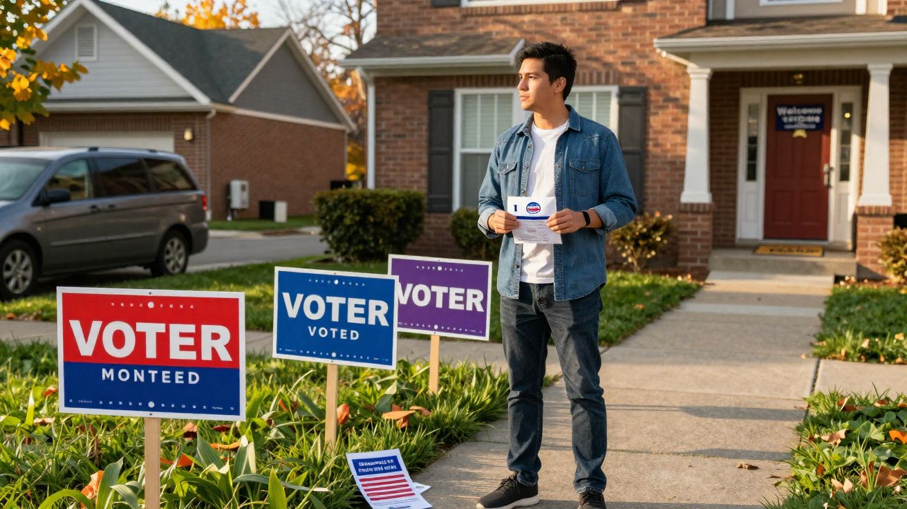 Jeune homme tenant une carte d'électeur devant une maison avec plusieurs panneaux voter dans le jardin.