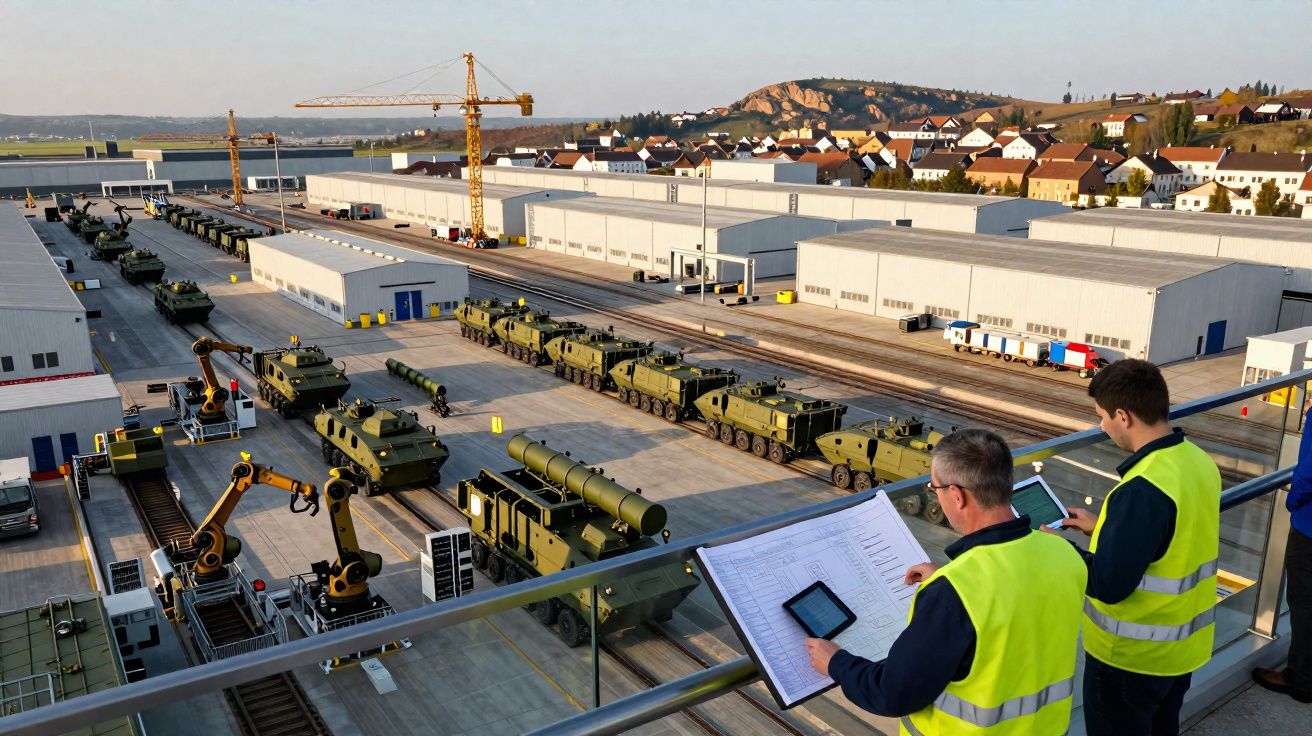 Deux hommes en gilets jaunes supervisent une ligne de véhicules militaires verts dans une usine moderne.