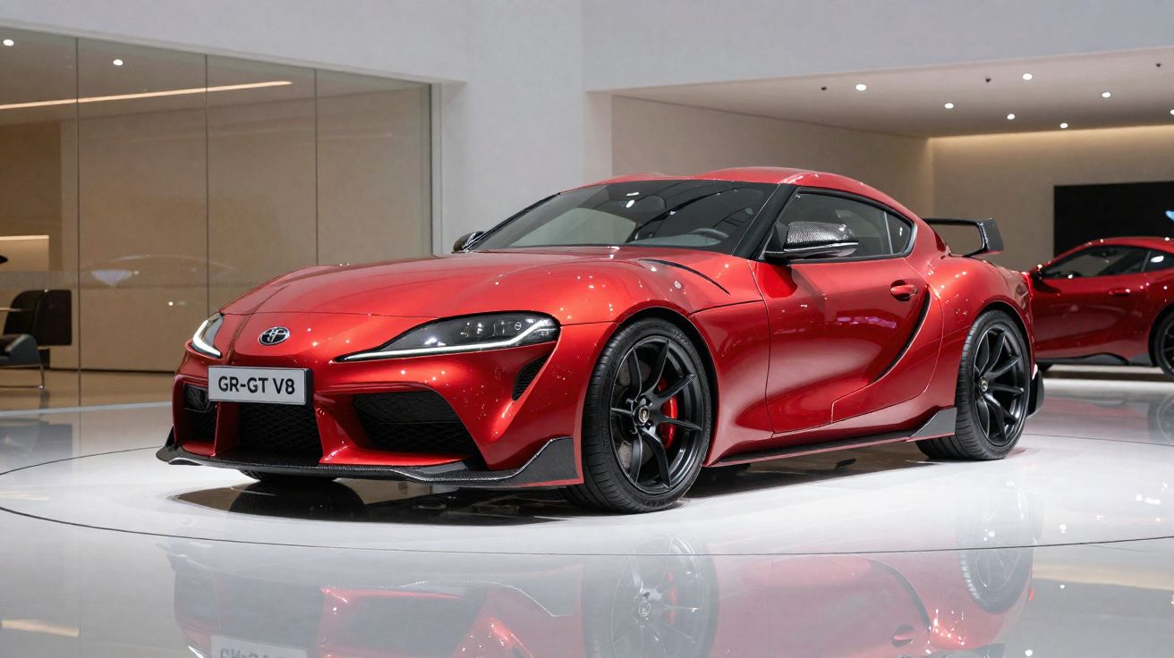 Voiture de sport rouge Toyota GR-GT V8 exposée sur un podium dans un showroom moderne.