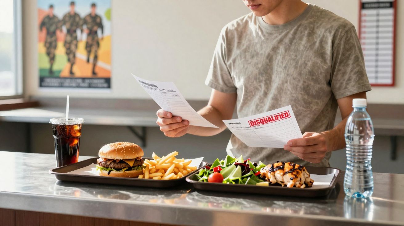 Jeune homme lisant un papier "DISQUALIFIED" avec un plateau de fast-food et un plateau de repas sain devant lui.