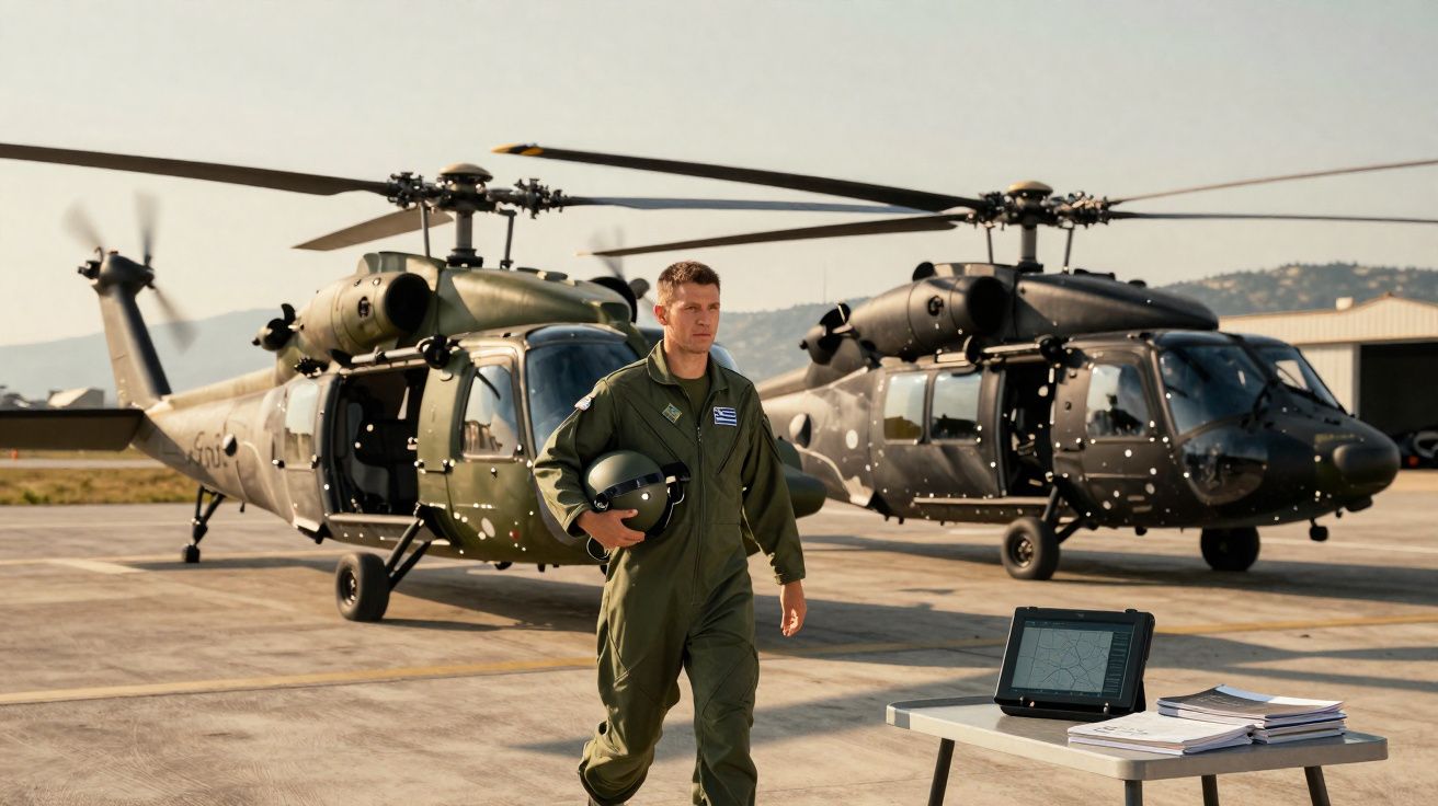 Pilote en combinaison verte tenant un casque marchant devant deux hélicoptères militaires sur une piste.