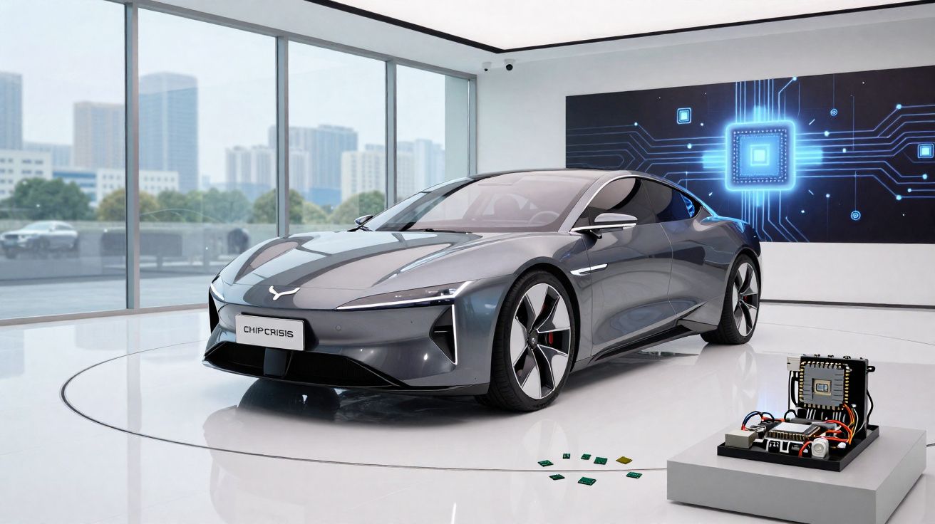 Voiture sportive électrique grise exposée dans une salle blanche avec un écran numérique et des puces électroniques.
