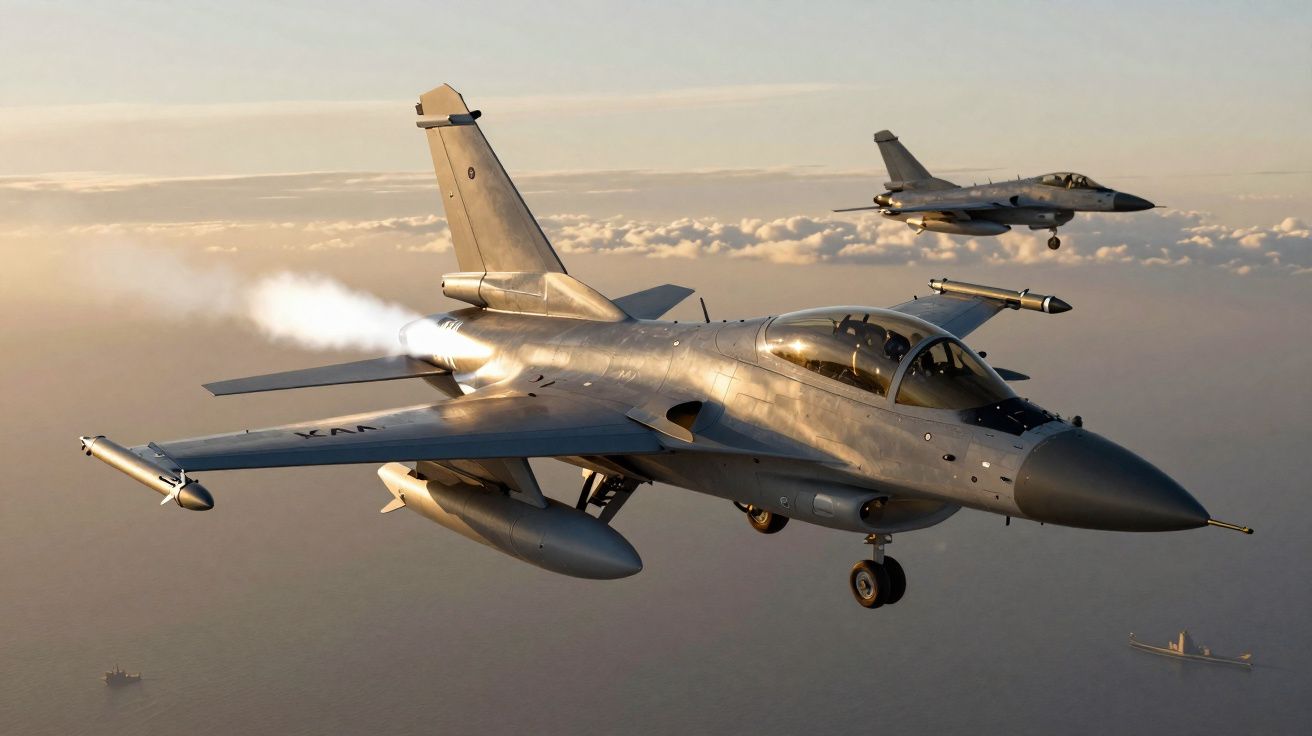 Deux avions de chasse militaires volant en formation au-dessus des nuages au coucher du soleil.