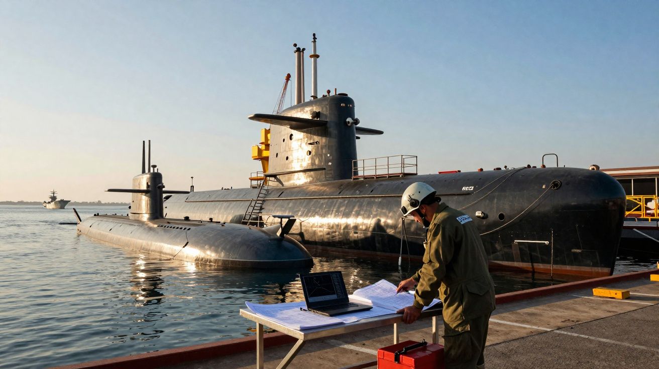 Sous-marin militaire noir amarré au quai avec un marin en uniforme et casque consultant des plans sur une table.