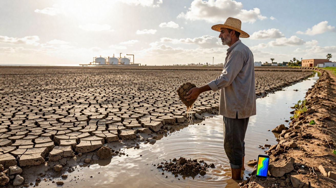 Homme avec chapeau dans un champ asséché, tenant de la terre près d’un canal d’eau sous un ciel partiellement nuageux.