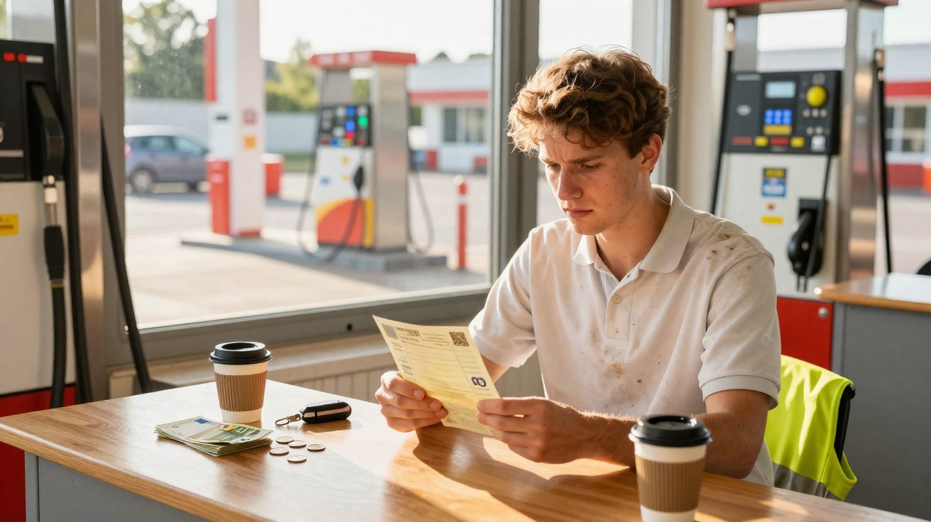 Jeune homme en polo blanc lisant un document assis à une table dans une station-service.