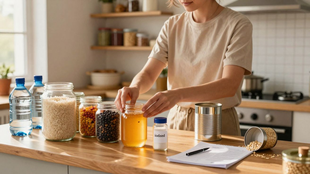 Personne range des bocaux de nourriture sur un comptoir de cuisine avec une liste et un stylo à côté.