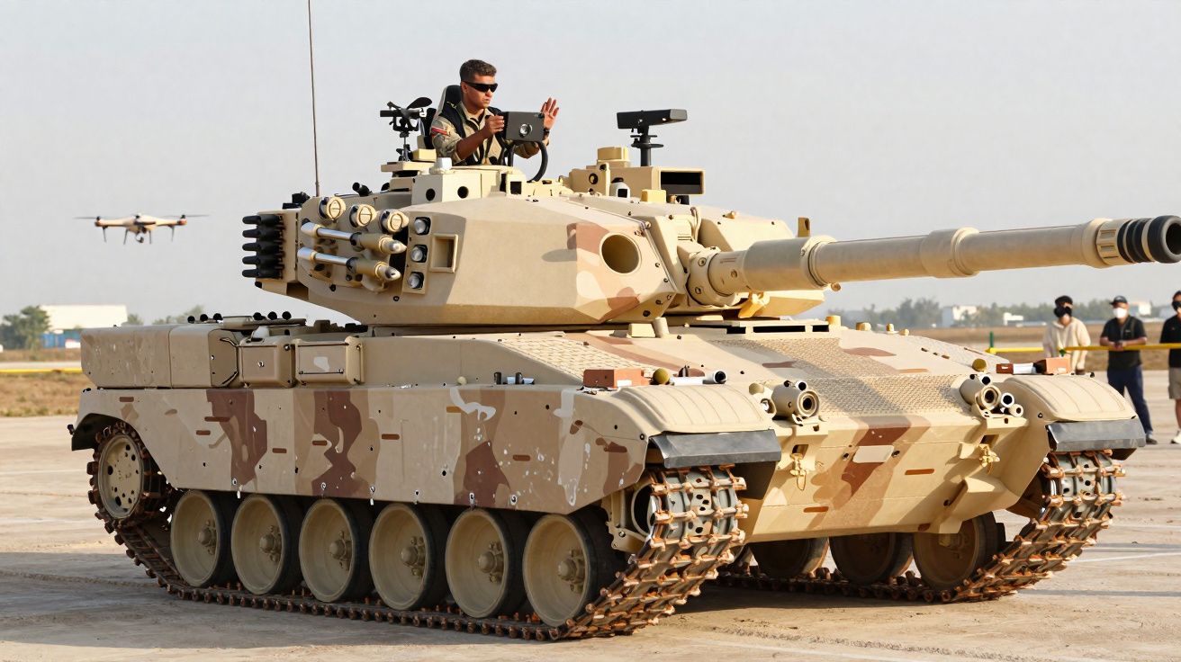 Char léger militaire beige camouflage avec soldat à l'intérieur, drone volant à gauche et personnes en arrière-plan.