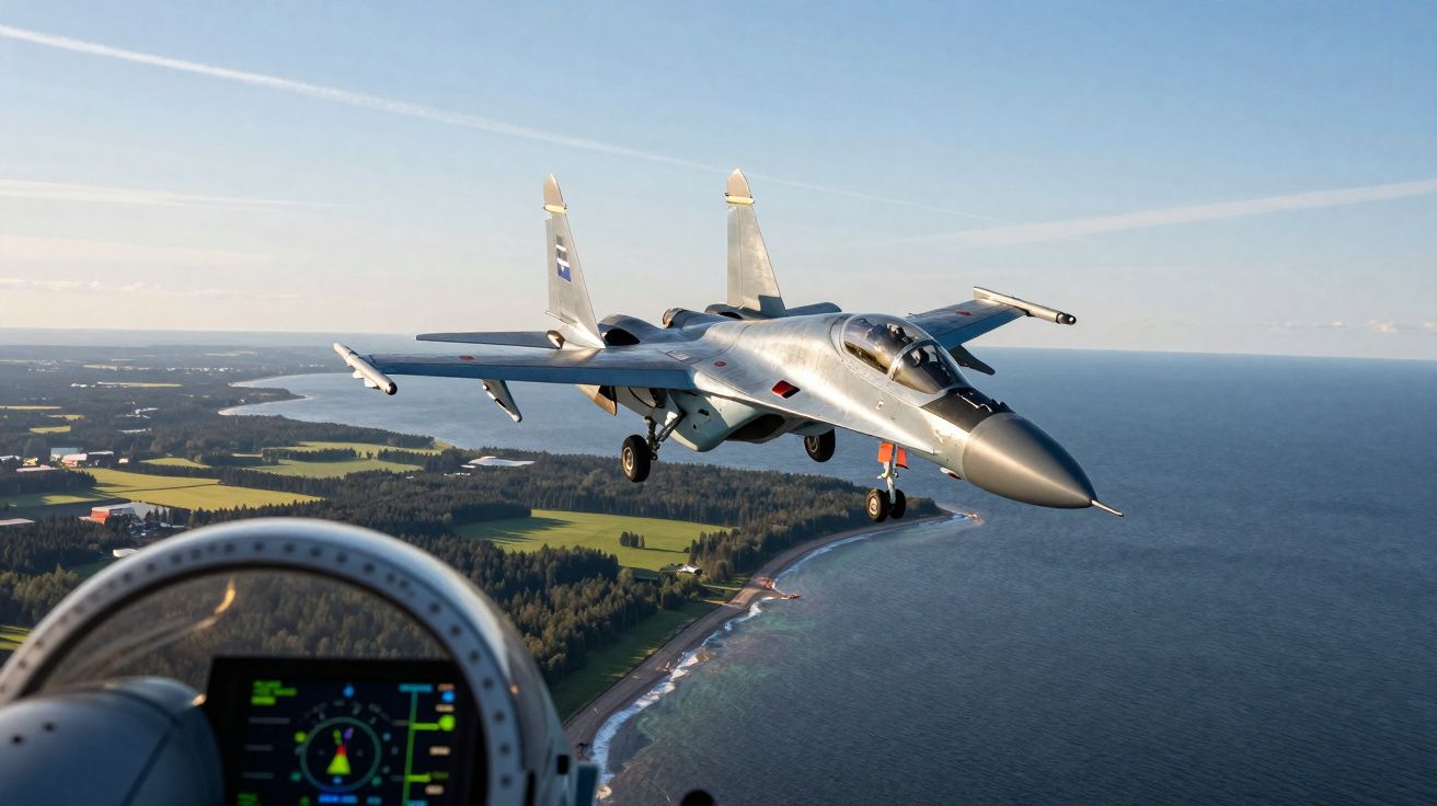 Chasseur militaire en vol au-dessus de la côte, vue depuis le cockpit d’un autre avion.