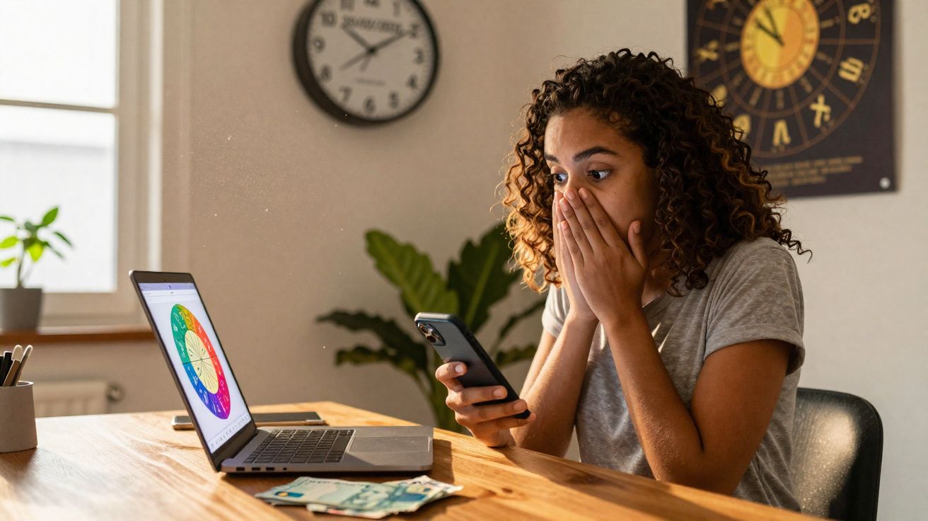 Jeune femme surprise regardant son téléphone portable dans une pièce avec un ordinateur portable et une horloge.