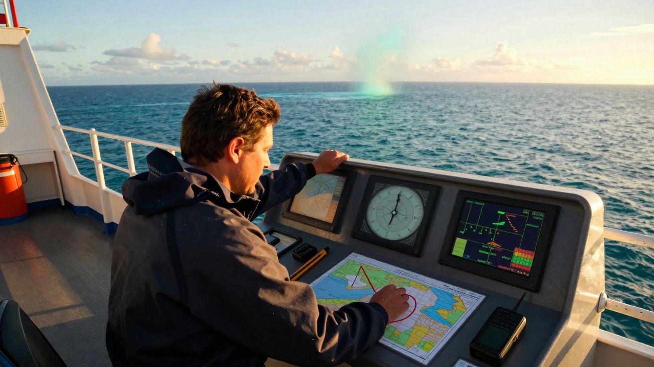 Un homme consulte une carte marine sur le pont d'un bateau au coucher du soleil avec un arc-en-ciel en mer.