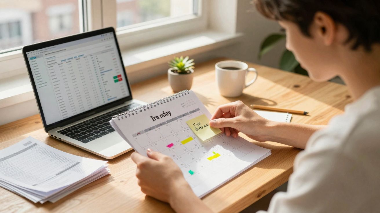Personne planifiant son emploi du temps avec un calendrier, un ordinateur portable, un carnet et une tasse de café.