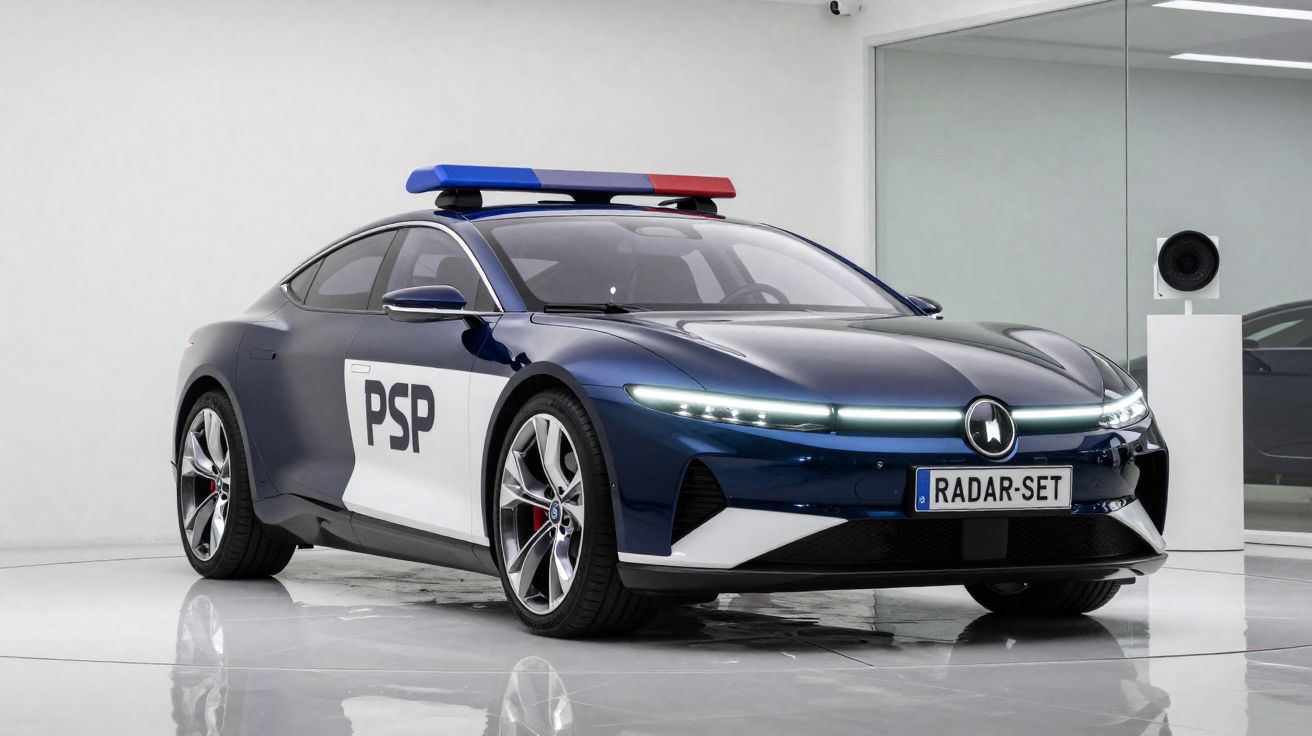 Voiture de police sportive électrique bleue avec marquage PSP et gyrophare rouge et bleu, stationnée dans un showroom moderne