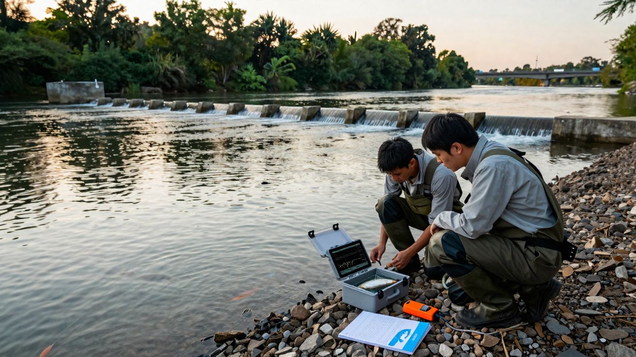 Deux scientifiques analysent la qualité de l'eau d'une rivière au bord d'un barrage en fin de journée.