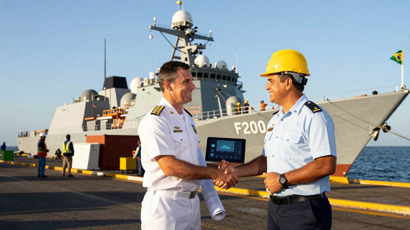 Deux hommes en uniforme militaire se serrent la main près d'un navire de guerre au port, un porte un casque jaune.