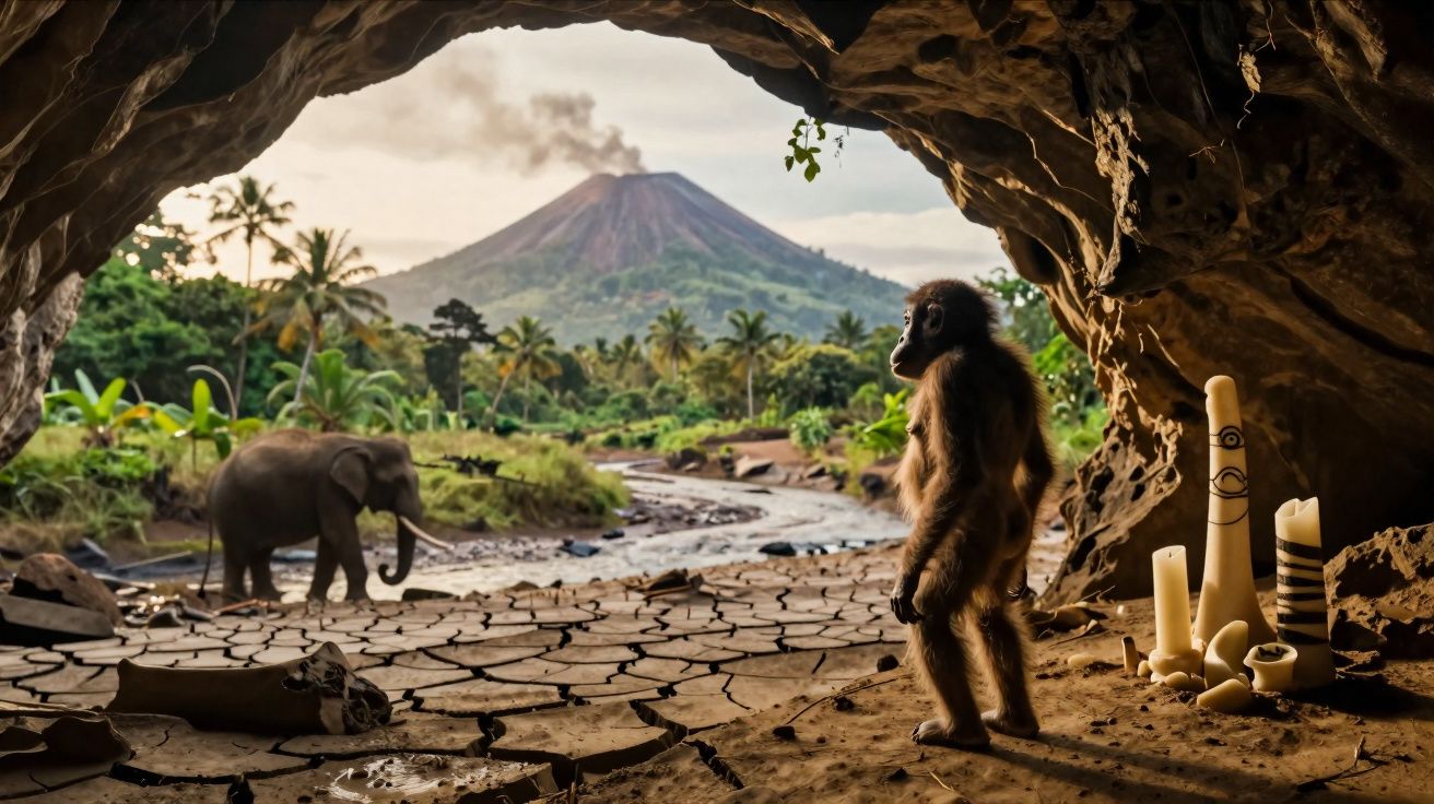 Un singe debout dans une grotte regarde un éléphant près d'une rivière avec un volcan fumant en arrière-plan.