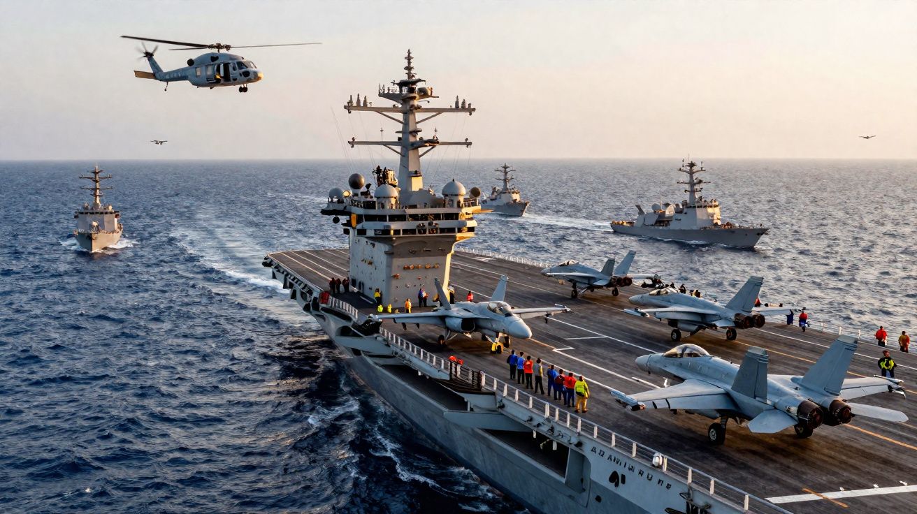 Porte-avions en mer avec plusieurs avions de chasse, un hélicoptère en vol et quatre navires militaires environnants.