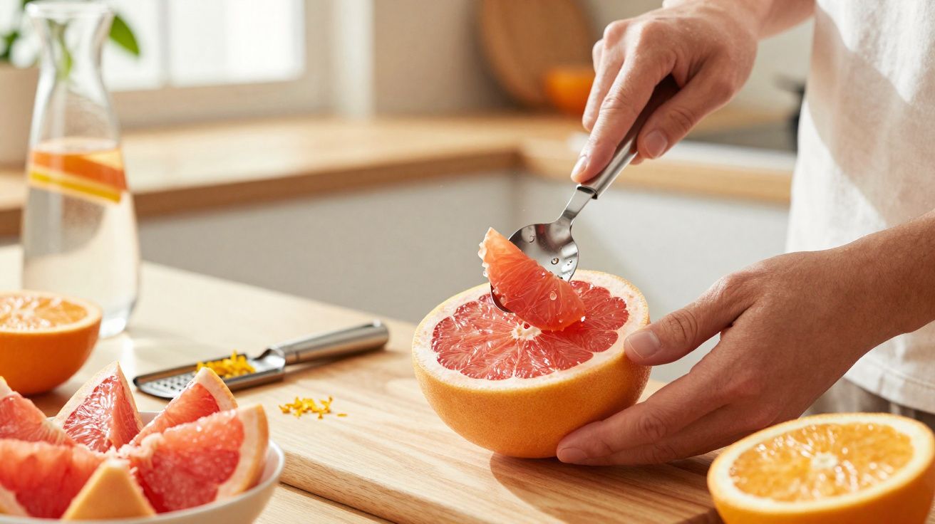 Mains coupant un pamplemousse en quartiers avec une cuillère dans une cuisine lumineuse.
