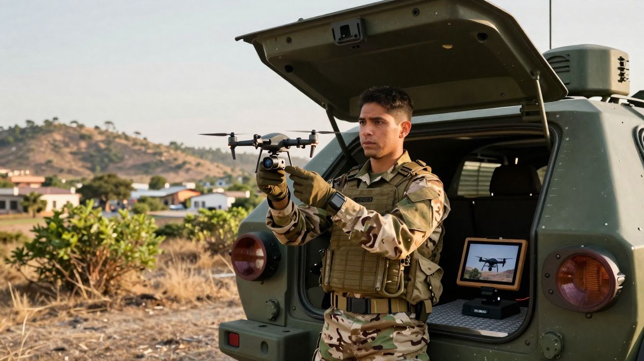 Militaire en tenue camouflage préparant un drone devant un véhicule militaire en terrain semi-aride.