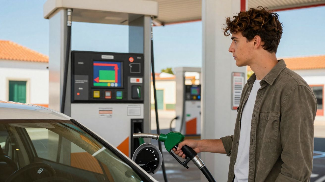 Jeune homme faisant le plein de sa voiture à une station-service par temps clair.