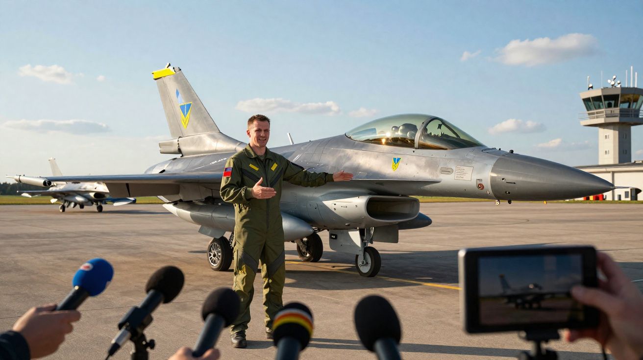 Un pilote en combinaison verte présente un avion de chasse gris sur le tarmac devant des micros et une caméra.