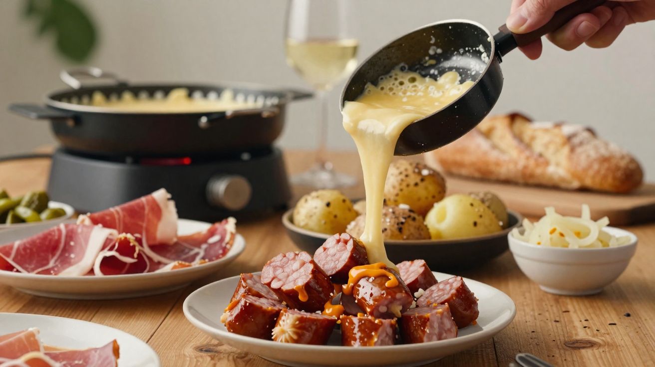 Coulée de fromage fondu sur des morceaux de saucisse avec pommes de terre, jambon et pain en arrière-plan.